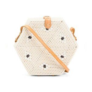 Handwoven Wicker Hexagon Rattan Crossbody Bag With Leather Trim
